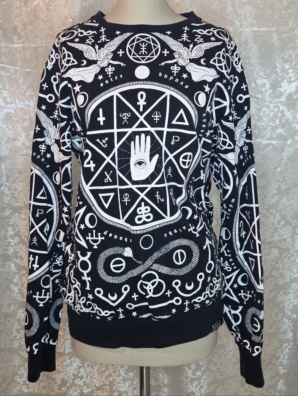 Killstar Black and White Occult Symbol Crewneck Sweater L